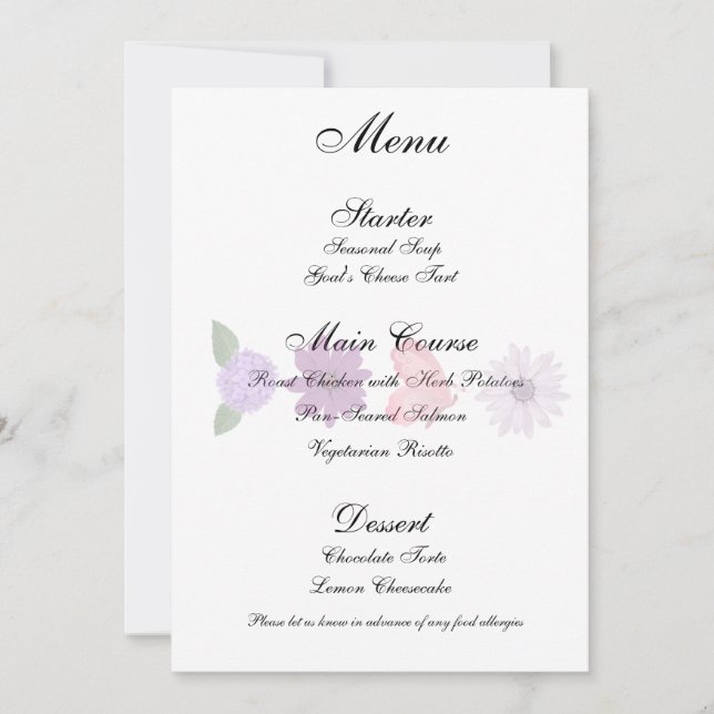 Convite Cardápio de Casamento de Flores Silvestres e Borbo (Frente)