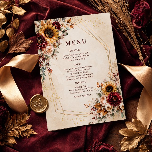 Convite Cardápio de Casamento de Girassol de Borgonha de O (#weddingmenu #weddinginvitation #autumndinner #sunflowersinvitation #burgundymenu #menuinvitation)