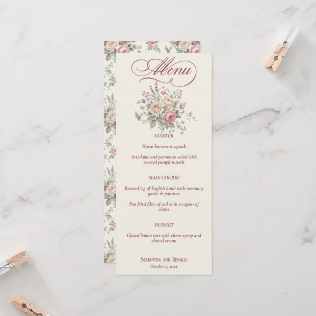 Convite Cardápio de Casamento Elegante Rosas Pastel Chic D (Frente/Verso In Situ)