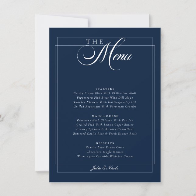 Convite Cardápio de Casamento em Azul Naval Clássico com C (Frente)
