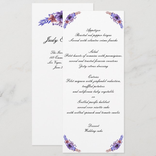 Convite Cardápio de Casamento Floral Aquarela Roxo e Azul (Frente/Verso)