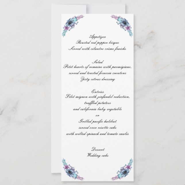 Convite Cardápio de Casamento Floral em Aquarela Azul e Ro (Frente)