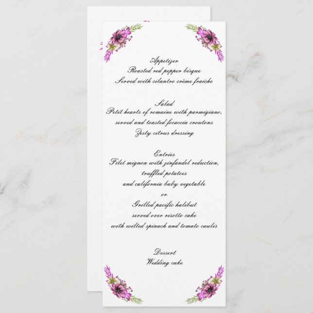 Convite Cardápio de Casamento Floral em Aquarela Rosa e Ve (Frente/Verso)