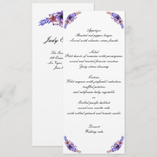 Convite Cardápio de Casamento Floral em Aquarela Roxo e Az