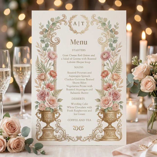 Convite Cardápio de Casamento Floral Rosa Elegante (Elegant Blush Floral Wedding menu #vintagefantasymagicalwhimsicaldreamy #elegantpaintedwater)