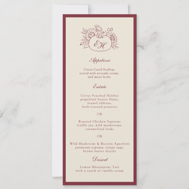 Convite Cardápio de Casamento Formal Abóbora Borgonha (Frente)