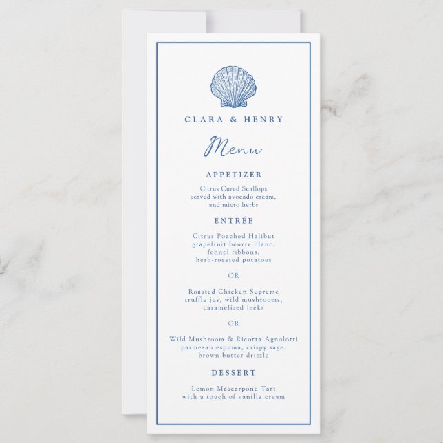 Convite Cardápio de Casamento Longo French Blue Seashell (Frente)