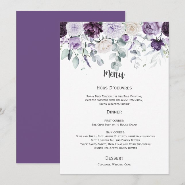 Convite Cardápio de Casamento Roxo Escuro, Lavanda, Branco (Frente/Verso)