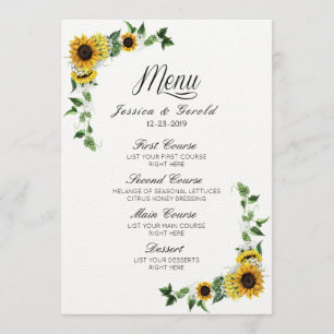Convite Cardápio de Casamento Rústico de Girassóis Amarelo