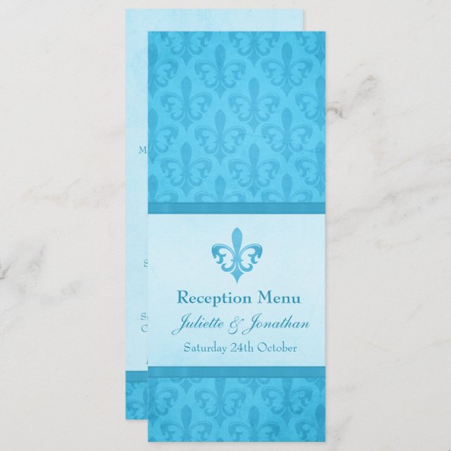 Convite Cardápio de jantar da recepção de casamento Blue F (Frente/Verso)