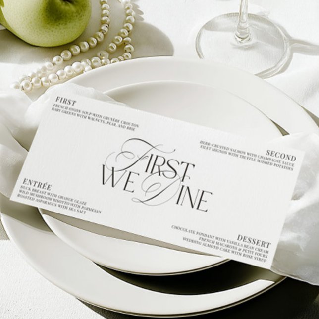 Convite Cardápio de Jantar de Casamento Preto e Branco Ele (Elegant Black & White Wedding Dinner Menu)