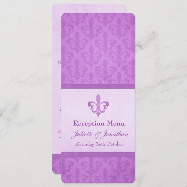 Convite cardápio de jantar de recepção de casamento Purple (Frente/Verso)
