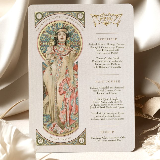 Convite Cardápio de Luxo Casamento Art Nouveau por Mucha (Criador carregado)