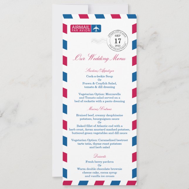 Convite Cardápio de Recepção de Casamento Correio Aéreo (Frente)