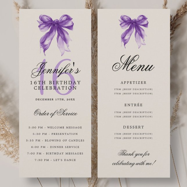 Convite Cardápio do Programa de Aniversário de 16 Anos com (Elegant Purple Bow 16th Birthday Program Menu)