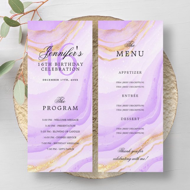 Convite Cardápio do Programa de Aniversário de 16 anos Pur (Purple Marble 16th Birthday Program Menu )