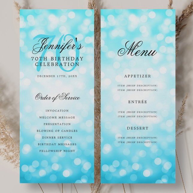 Convite Cardápio do Programa de Aniversário de 70 anos com (Elegant Turquoise Bokeh 70th Birthday Program Menu)