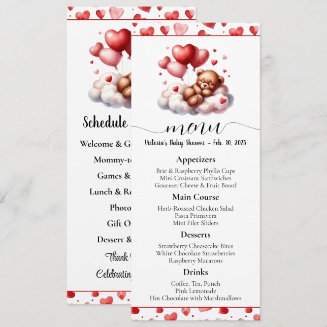 Convite Cardápio e Programa do Chá de Bebê do Ursinho do D (Frente/Verso)