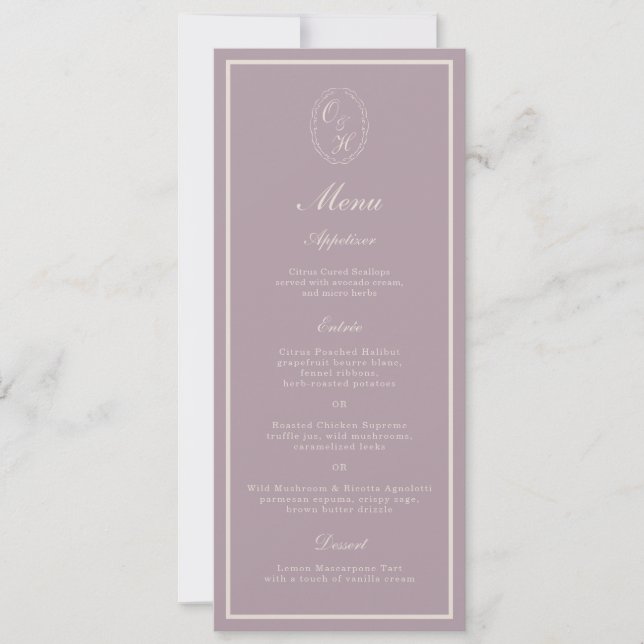 Convite Cardápio Longo de Casamento com Monograma Mauve El (Frente)
