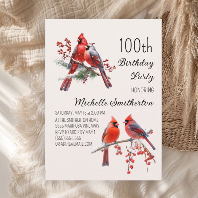 Convite Cardeais Neve Pássaros de Inverno 100º Aniversário (Red cardinals women's 100th birthday party invitation)