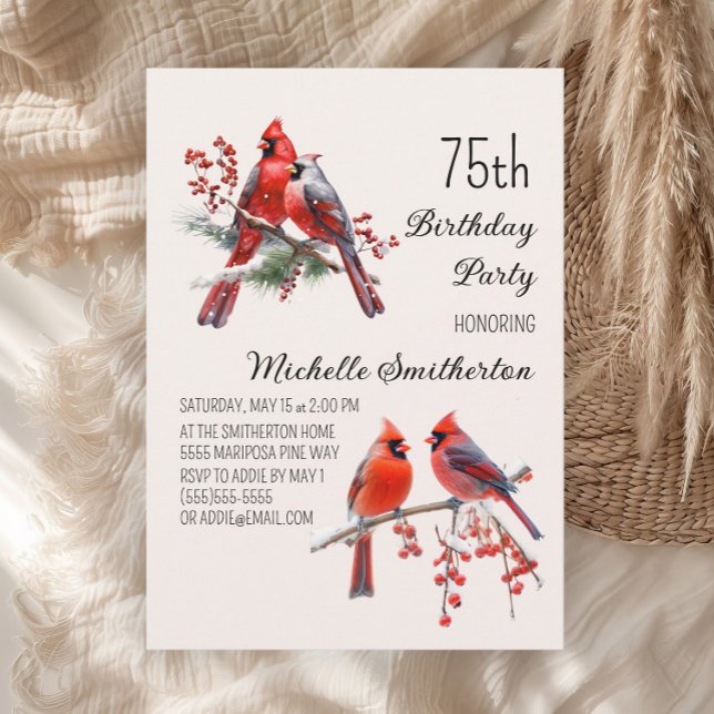 Convite Cardeais Neve Pássaros de inverno Berries 75º aniv (Red cardinals 75th birthday party invitation)