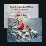 Convite Cardeais vermelhos e Holly na neve<br><div class="desc">Um par de cardeais vermelhos nortes perch em um galho sagrado coberto de frutas vermelhas e neve.</div>