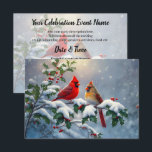 Convite Cardeais vermelhos e Holly na neve<br><div class="desc">Um par de cardeais vermelhos nortes perch em um galho sagrado coberto de frutas vermelhas e neve.</div>
