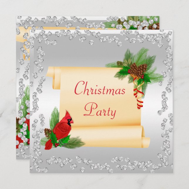 Convite Cardeal Elegante e Diamantes de Rolagem Natal (Frente/Verso)
