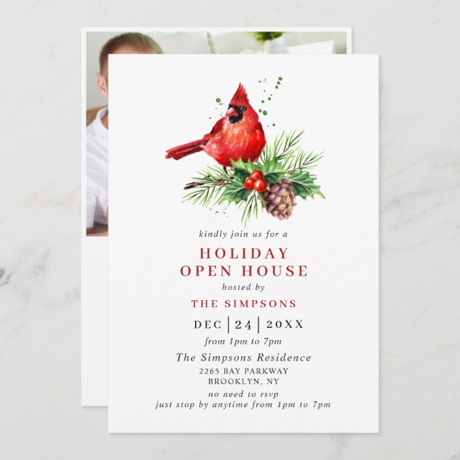 Convite Cardeal Holly Berry Holiday Casa Aberta de Natal (Frente/Verso)