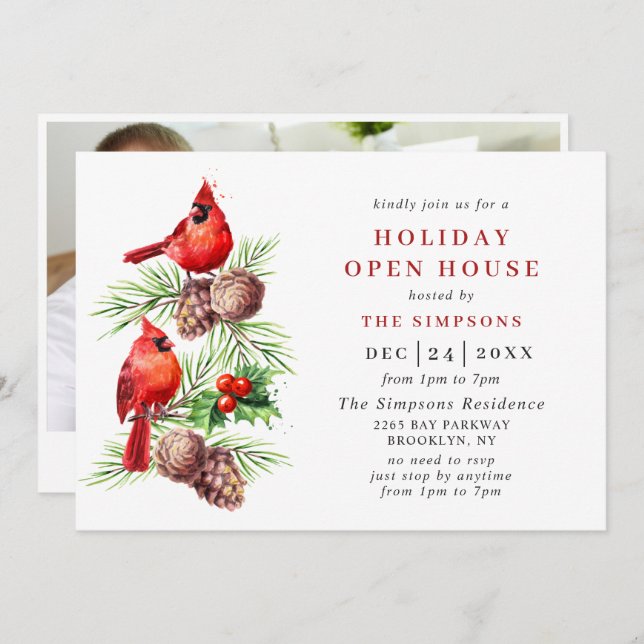 Convite Cardeal Holly Berry Holiday Casa Aberta de Natal (Frente/Verso)