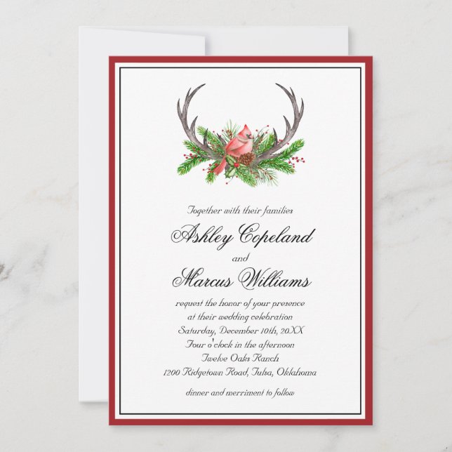 Convite Cardeal Rustic Woodland e Casamento Antlers (Frente)