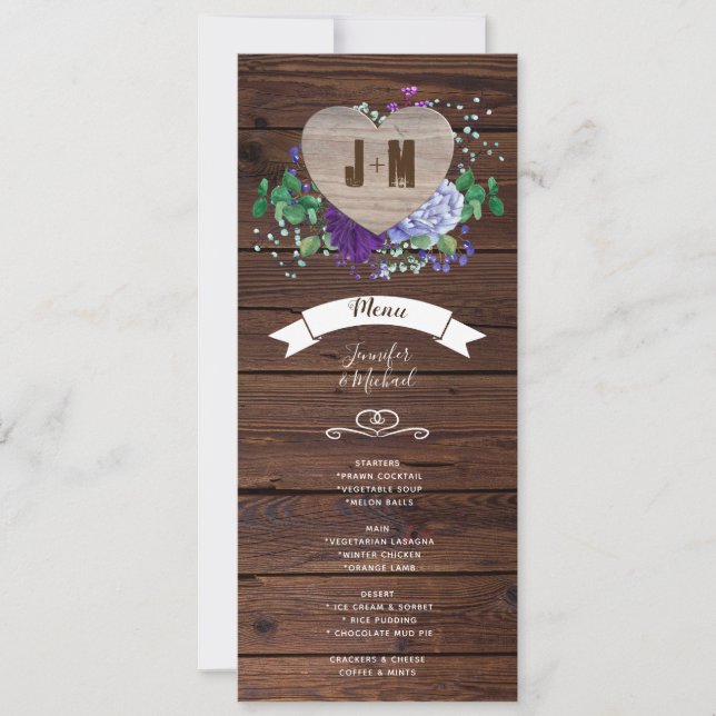 Convite Cardíaco Russo Menu Casamento Azul Flores de Aquar (Frente)