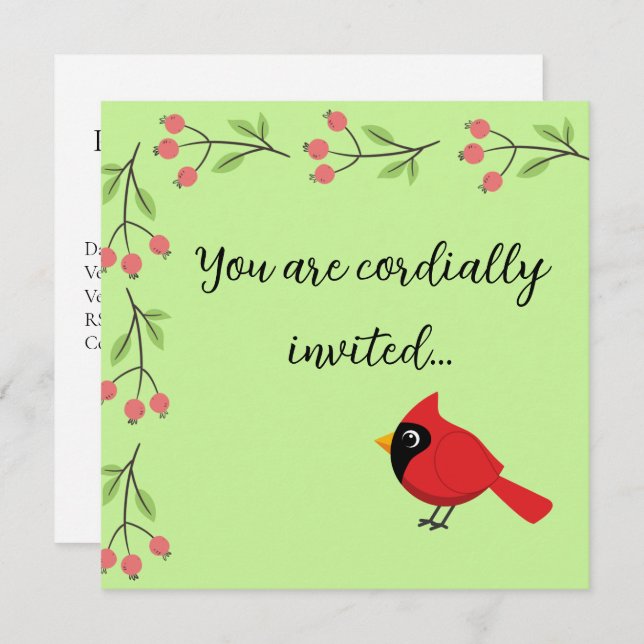 Convite Cardinal Vermelho de Desenho Animado Fofo com Flor (Frente/Verso)