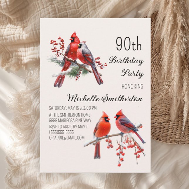 Convite Cardinals Snow Winter Birds 90 Birthday (Red cardinals women's 90th birthday party invitation)