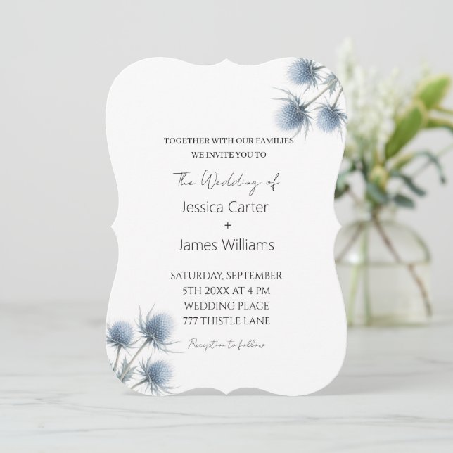 Convite Cardo Azul Casamento Simples Escócia Escocesa (Em pé/Frente)