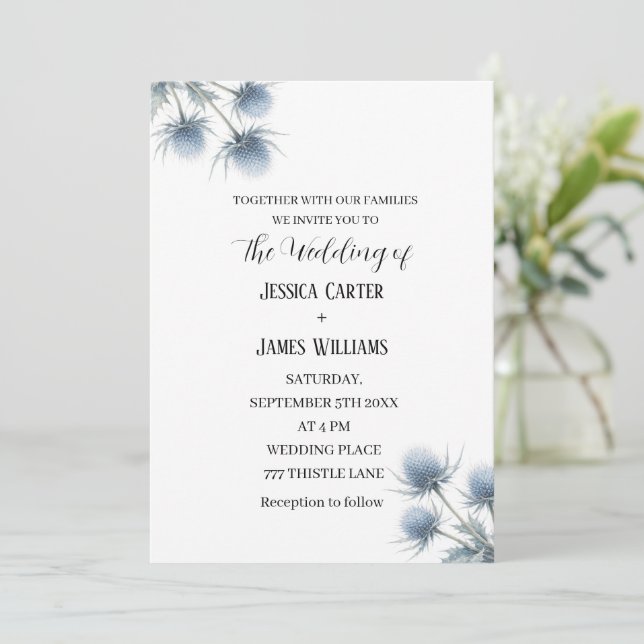 Convite Cardo Azul Casamento Simples Escócia Escocesa (Em pé/Frente)
