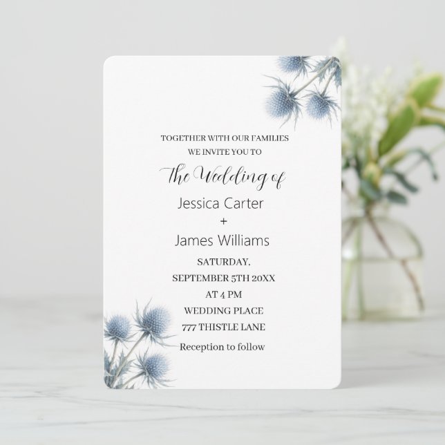 Convite Cardo Azul Escocês Casamento Simples (Em pé/Frente)