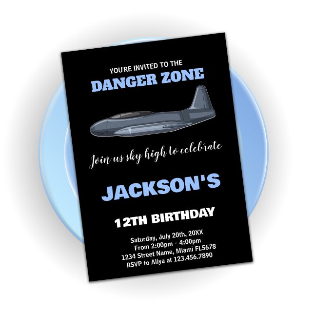 Convite Cargueiro Jet Birthday - Cinza Azul (Fighter Jet Birthday Invitations Gray Blue)
