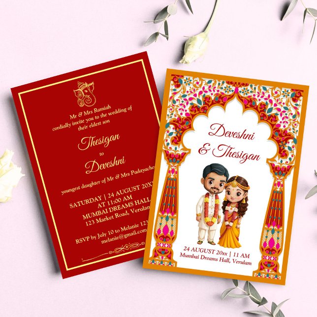 Convite Caricatura bonitinha do casamento da Índia do Sul  (Tamil South Indian wedding cute caricature traditional bridal couple Invitation template download)