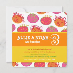 Convite Caricatura Bubblegum Rosto Gêmeos Foto de Anivers