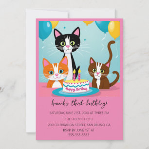 Convite Caricatura Gatos, Festa de aniversário Puro