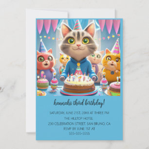 Convite Caricatura Gatos, Festa de aniversário Puro