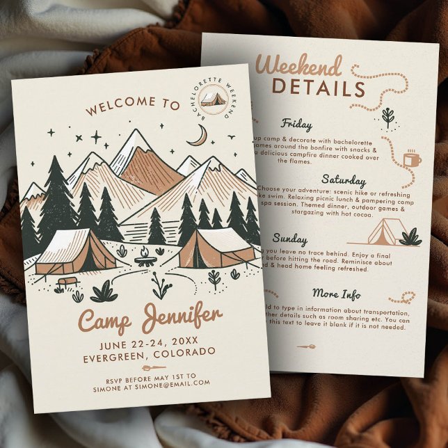 Convite Carimbo de acampamento de campo Festa de solteira  (camp bachelorette invitation itinerary earthy terracotta bach camping glamping 3-day weekend)