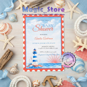 Convite Carimbo Pôr do Sol Farol Náutico Aquarela Oceano