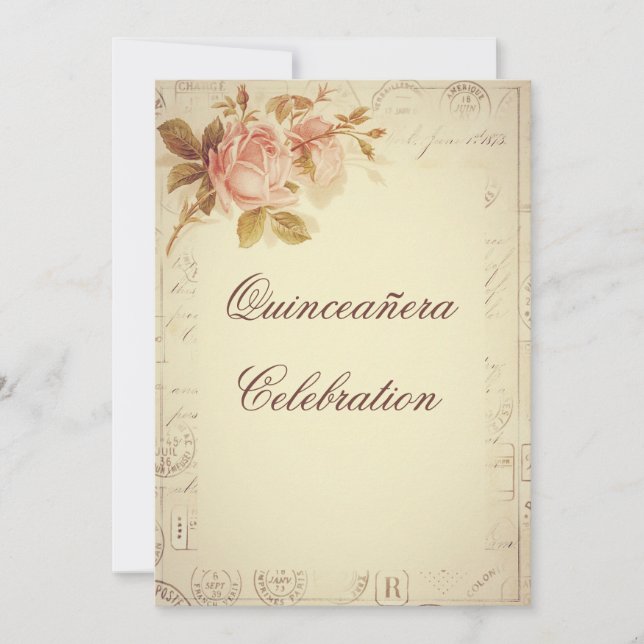 Convite Carimbos Antigos de Paris Rosas Chiques Quinze Ano (Frente)
