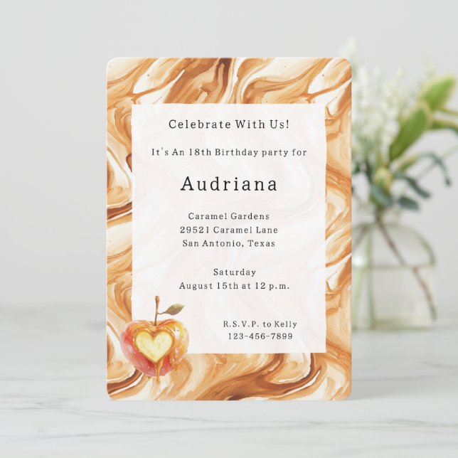 Convite Carmel Cream Heart Apple Caramel Birthday  (Em pé/Frente)