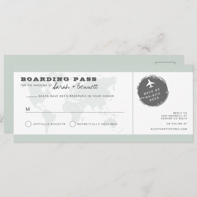 Convite CARMEN Green World Map Boarding Pass RSVP Card (Frente/Verso)
