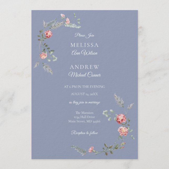Convite Carnations and Blue Wedding Invitation Suite (Frente)
