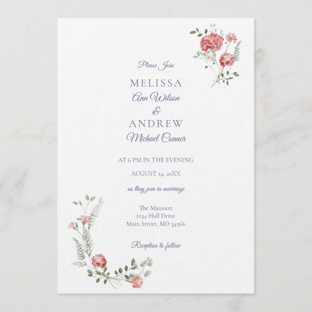 Convite Carnations and Blue Wedding Invitation Suite (Frente)