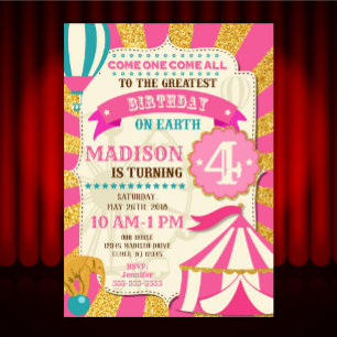 Convite Carnaval de Aniversário do Circo, Dourado Rosa
